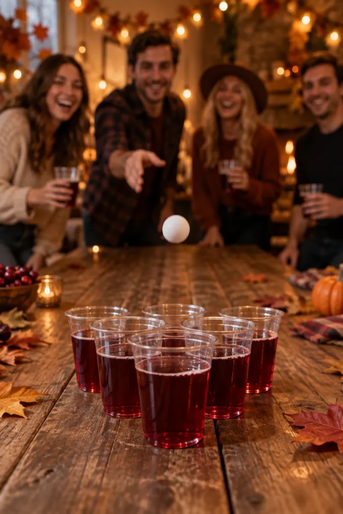 Four friends playing beer pong at wooden table with autumn decorations and warm string lights in background