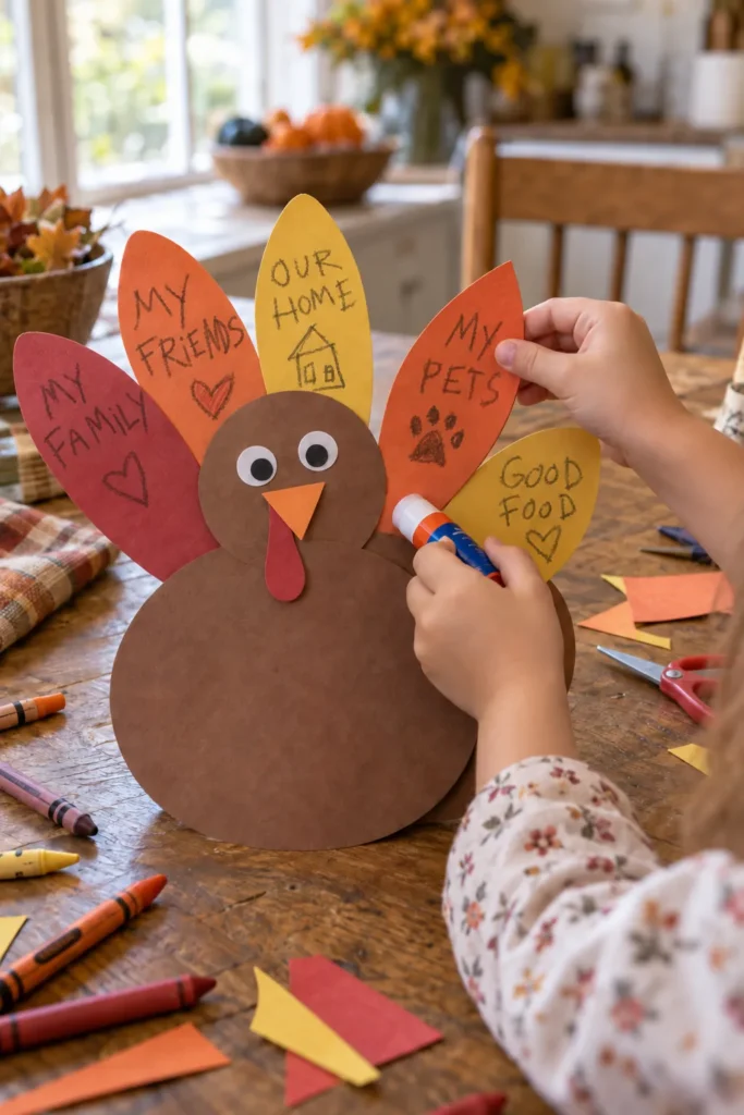 Child's hands coloring a handmade paper turkey craft with gratitude messages written on colorful feather cutouts