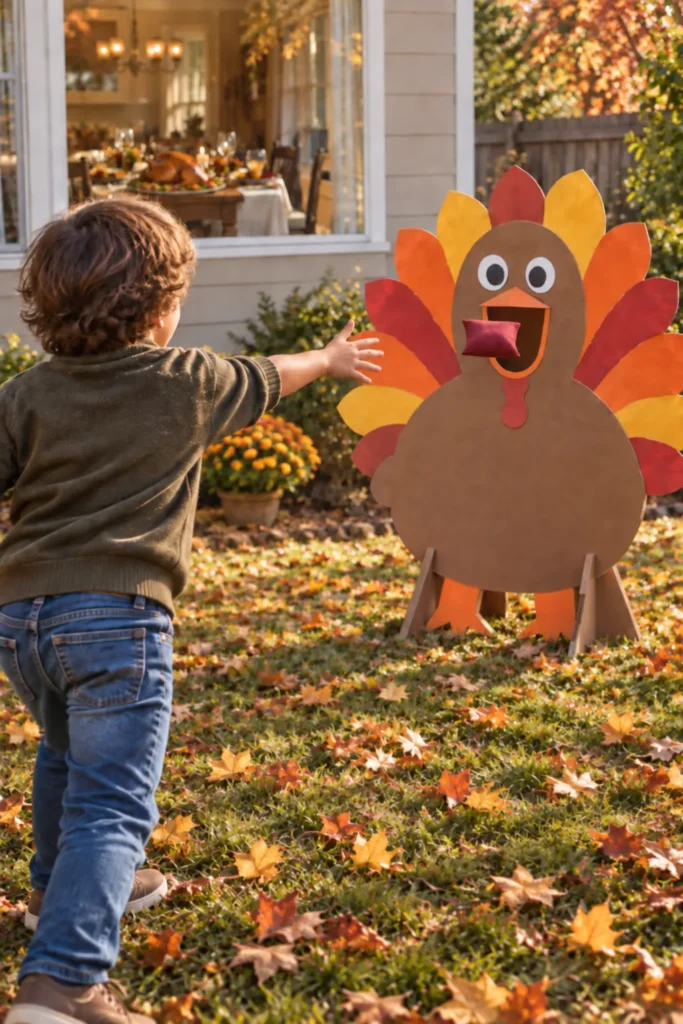 Young child reaching toward a colorful cardboard turkey decoration in a fall yard with scattered leaves