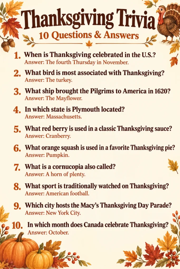 Thanksgiving trivia card with 10 questions and answers about holiday traditions, decorated with fall leaves, pumpkins, and a turkey illustration