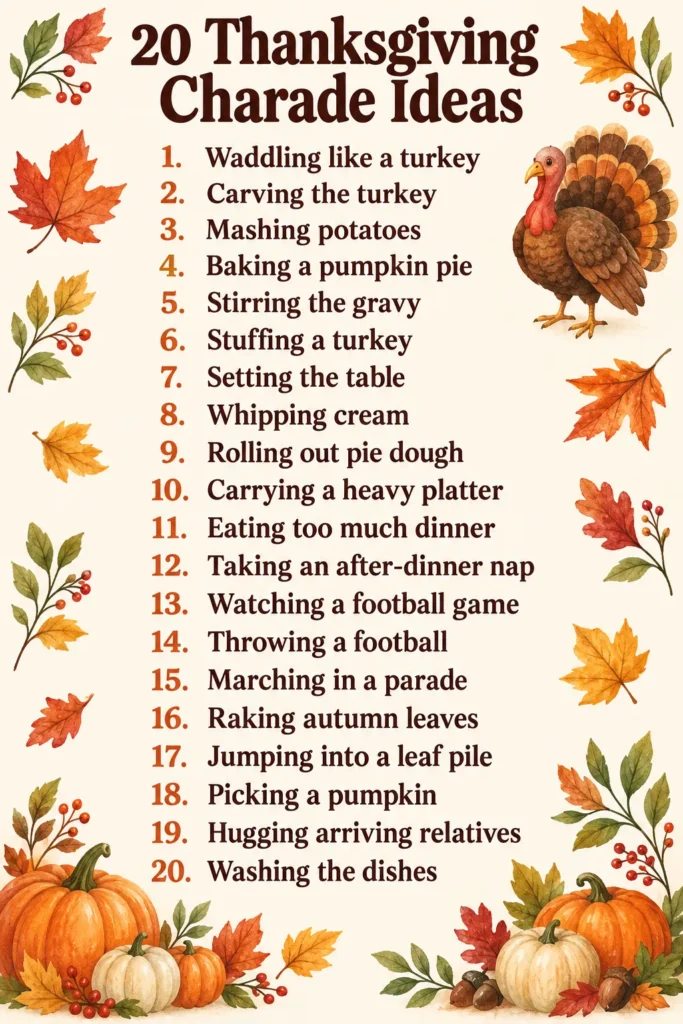 List of 20 Thanksgiving charade ideas surrounded by autumn leaves, pumpkins, turkey, and berries on cream background