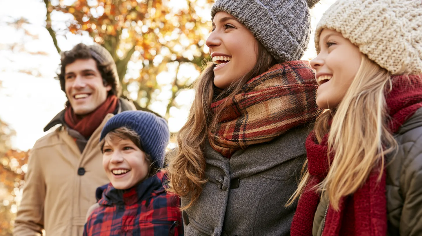 Group of smiling adults and children wearing cozy fall sweaters and beanies outdoors with golden autumn trees in background